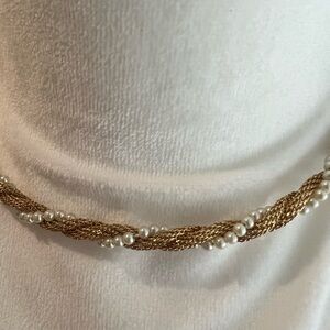 Gold rope and pearl women’s choker necklace. 16 inches from closure to closure.